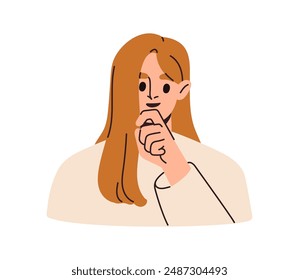 Woman thinking about curious thought, idea. Interested female character touching chin, planning, contemplating, wondering, guessing and plotting. Flat vector illustration isolated on white background