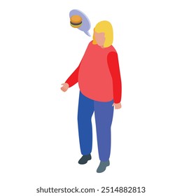 Woman thinking about eating hamburger, concept of bulimia and binge eating disorder, isometric vector illustration