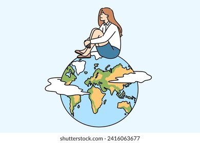 Woman is thinking about emigration and moving to another country to get better career prospects, sitting on globe. Thoughtful businesswoman wants to become expat and go into emigration