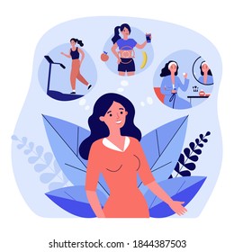 Woman thinking about fitness, nutrition and beauty. Food, care, body flat vector illustration. Activity and healthy lifestyle concept for banner, website design or landing web page