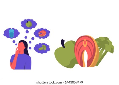 Woman thinking about food. Apple, grilled fish and broccoli. Flat vector illustration. Healthy eating concept.