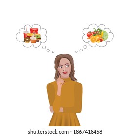 Woman Thinking About Food Choice, Healthy Vs Unhealthy Food, Vector