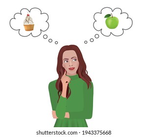 Woman Thinking About Food Choice, Healthy Vs Unhealthy Food, Vector