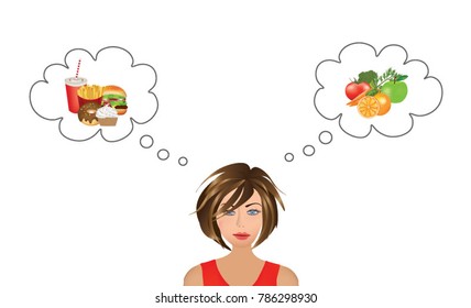 Woman Thinking About Food Choice, Healthy Vs Unhealthy Food, Vector