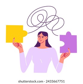 Woman thinking about how to put the puzzle together