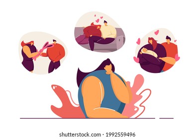 Woman thinking about major events of her married life. Female person remembering child birth and sweet moment of romantic relationship. Memories, love, family concept