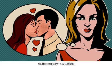Woman thinking about man kissing another woman and getting jealous. Pop art vector illustration.