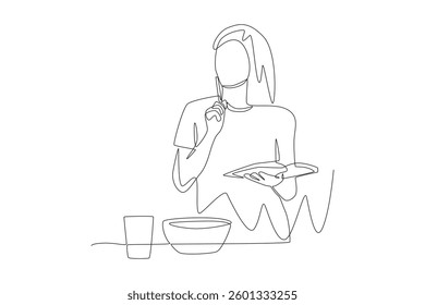 Woman thinking about meal schedule during keto diet program. Keto concept one-line drawing