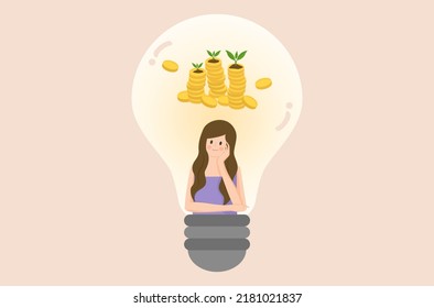 A woman is thinking about money vector, flat design of woman’s idea about money vector, a businesswoman is thinking about salary vector.