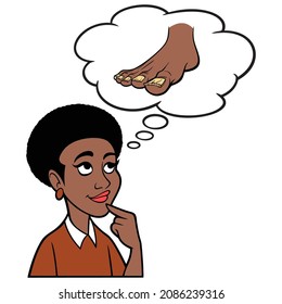 Woman thinking about Nail Fungus - A cartoon illustration of a Woman thinking about a Nail Fungus infection.