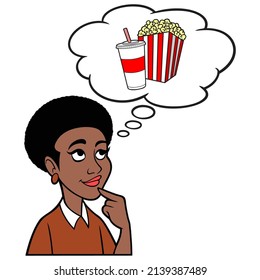 Woman thinking about Popcorn and Soda - A cartoon illustration of a Woman thinking about a box of Popcorn and Soda. 