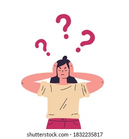 La mujer está pensando en el problema. Confundió a la joven con signos de interrogación. Ilustración vectorial colorida en estilo plano.