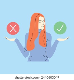La mujer está pensando en el problema, tomando la decisión, elegir entre sí o no. persona confundida por la elección difícil