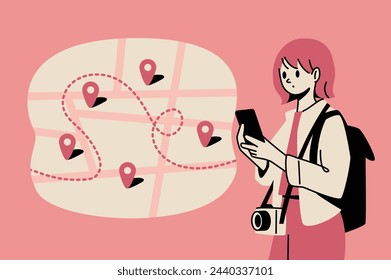 A woman thinking about the route to her destination on her smartphone