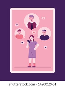 A woman is thinking about several men with her cell phone. flat design style minimal vector illustration