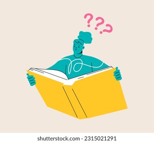 Woman thinking about that he reading in the book and has a questions. Colorful vector illustration
