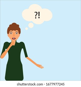 Woman thinking about unanswered questions. People character vector illustration flat design