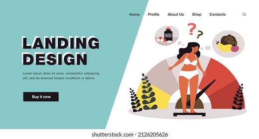 Woman thinking about weight control. Girl in underwear standing on scale in doubt flat vector illustration. Dietary supplement, healthy diet concept for banner, website design or landing web page