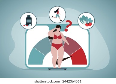 Woman thinking about weight control. Girl in underwear standing on scale in doubt flat vector illustration. Dietary supplement, healthy diet concept for banner, website design or landing web page
