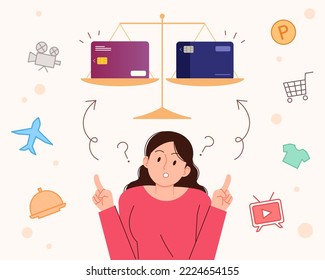 A woman thinking about which credit card to choose. Economy concept vector illustration.