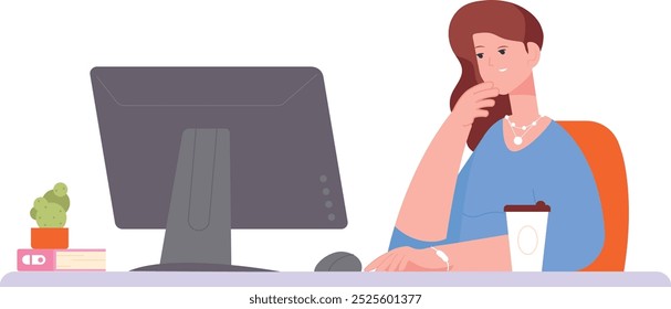 Mulher pensando no problema do trabalho. Estratégia de carreira isolada em fundo branco