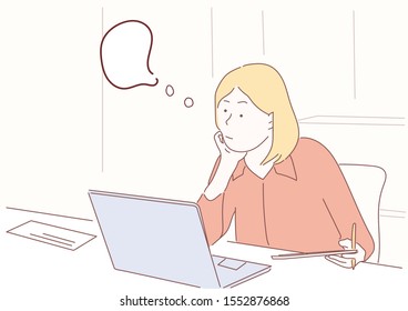 Woman thinking about work.Hand drawn style vector doodle design illustrations.