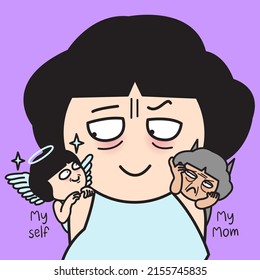 Woman Is Thinking Of Angel Herself And Devil Her Mom. Self Love Concept Card Character illustration