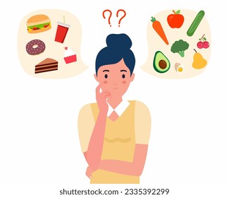 Woman thinking between fast food and healthy live food Healthy lifestyle concept