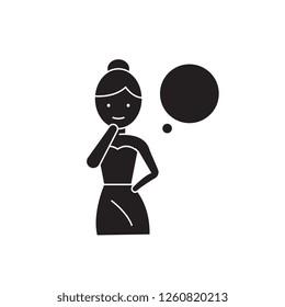 Woman thinking black vector concept icon. Woman thinking flat illustration, sign