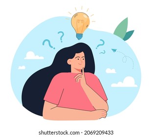 Woman thinking with bright light bulb, question mark overhead. Girl with wondering face solving problem using creative idea flat vector illustration. Business solution, imagination, brainstorm concept