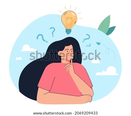 Woman thinking with bright light bulb, question mark overhead. Girl with wondering face solving problem using creative idea flat vector illustration. Business solution, imagination, brainstorm concept