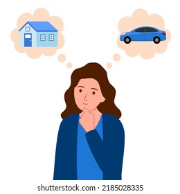 Woman thinking to buy house or car concept vector illustration on white background. Young female holds her chin and making decision.