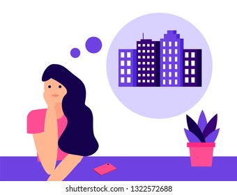 Woman thinking of buying house or apartment. Real estate market concept
