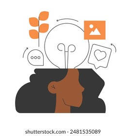 A woman thinking creatively with icons representing ideas and communication above her head, including a light bulb, chat bubble, plant, heart, and image symbol. Generating and sharing creative ideas.