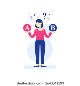 Woman thinking, decision making, difficult choice, choose between two options, considering alternative, customer service, career strategy, questionnaire or survey, vector flat illustration