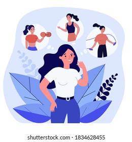 Woman thinking of different types of exercises. Training, health, keeping fit. Flat vector illustration. Sport concept can be used for presentations, banner, website design, landing web page