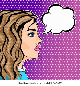 Woman thinking face with thought cloud in pop art retro comics style. Vector brunette girl dreaming.