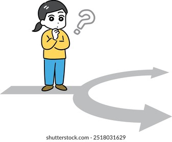 A woman thinking at a fork in the road