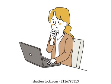 A woman thinking in front of a laptop computer, a comical handwritten person, a vector, and simple coloring of line drawings.