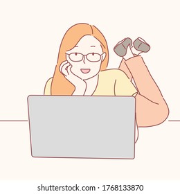 Woman thinking in front of a laptop. hand drawing character vector.