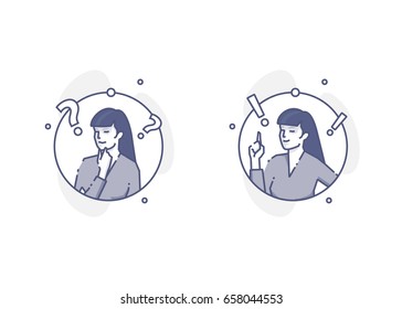 Woman thinking and getting an idea. Problem solving flat linear vector concept for info graphics or business presentations. Circle blue line design isolated on white background