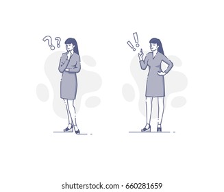 Woman thinking and getting an idea. Problem solving flat linear vector concept for info graphics or business presentations. Full-length blue line character illustration isolated on white background