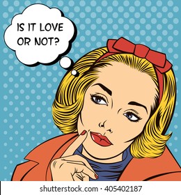 Woman Thinking. Girl in Love. Pop Art Banner. Vector illustration