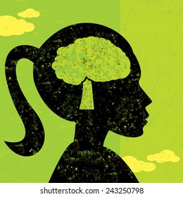 Woman thinking green A woman using her brain, shaped as a tree, to think in environmentally conscious ways. The woman and the background are on separate labeled layers.