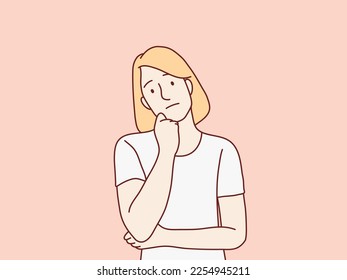 Woman thinking hand on chin curious about something simple korean style illustration