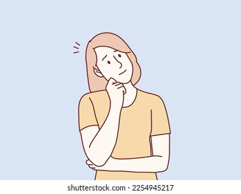 Woman thinking hand on chin curious and confused about something simple korean style illustration