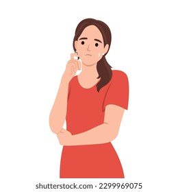 Una mujer que piensa de la mano en un mentón curioso sobre algo. Ilustración vectorial plana aislada en fondo blanco