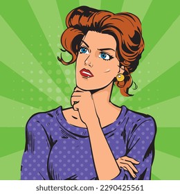 woman thinking, Housewife thinks woman wife mother. Retro style pop art. Domestic.