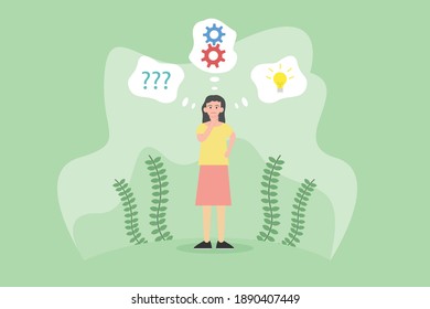Woman thinking of an idea 2D flat vector concept for banner, website, illustration, landing page, flyer, etc.
