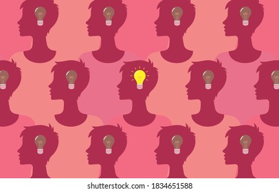 Woman thinking with idea light bulb in head, among many people. Flat vector illustration, Business concept of creating new good ideas.